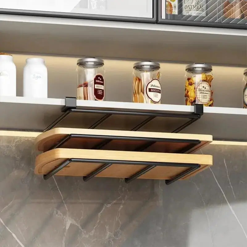 Under shelf rack storing two wooden cutting boards beneath a kitchen shelf