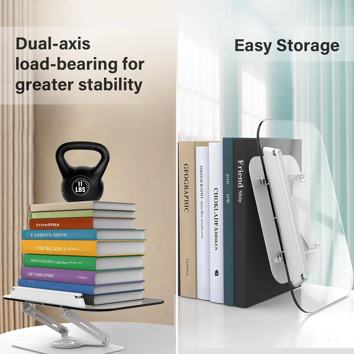 Book stand demonstrating dual-axis stability and easy folding storage between books