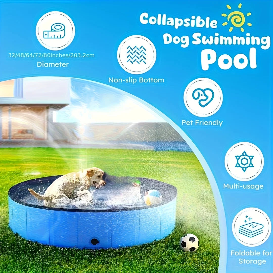Collapsible blue dog swimming pool on a lawn with playful design icons