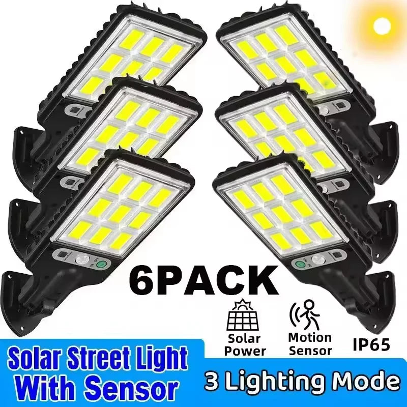 Set of wall-mounted solar outdoor lights with motion sensor, shown in a six-pack.