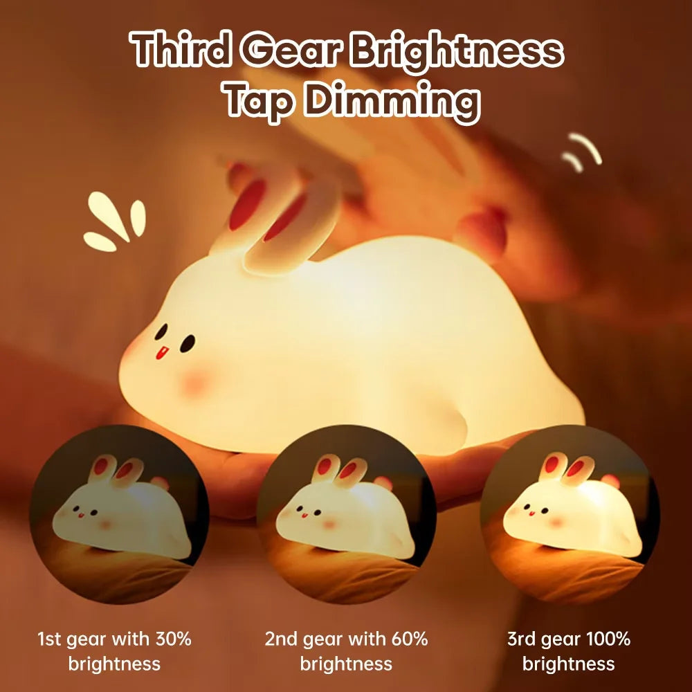Bunny night light showing three dimmable brightness levels by touch control