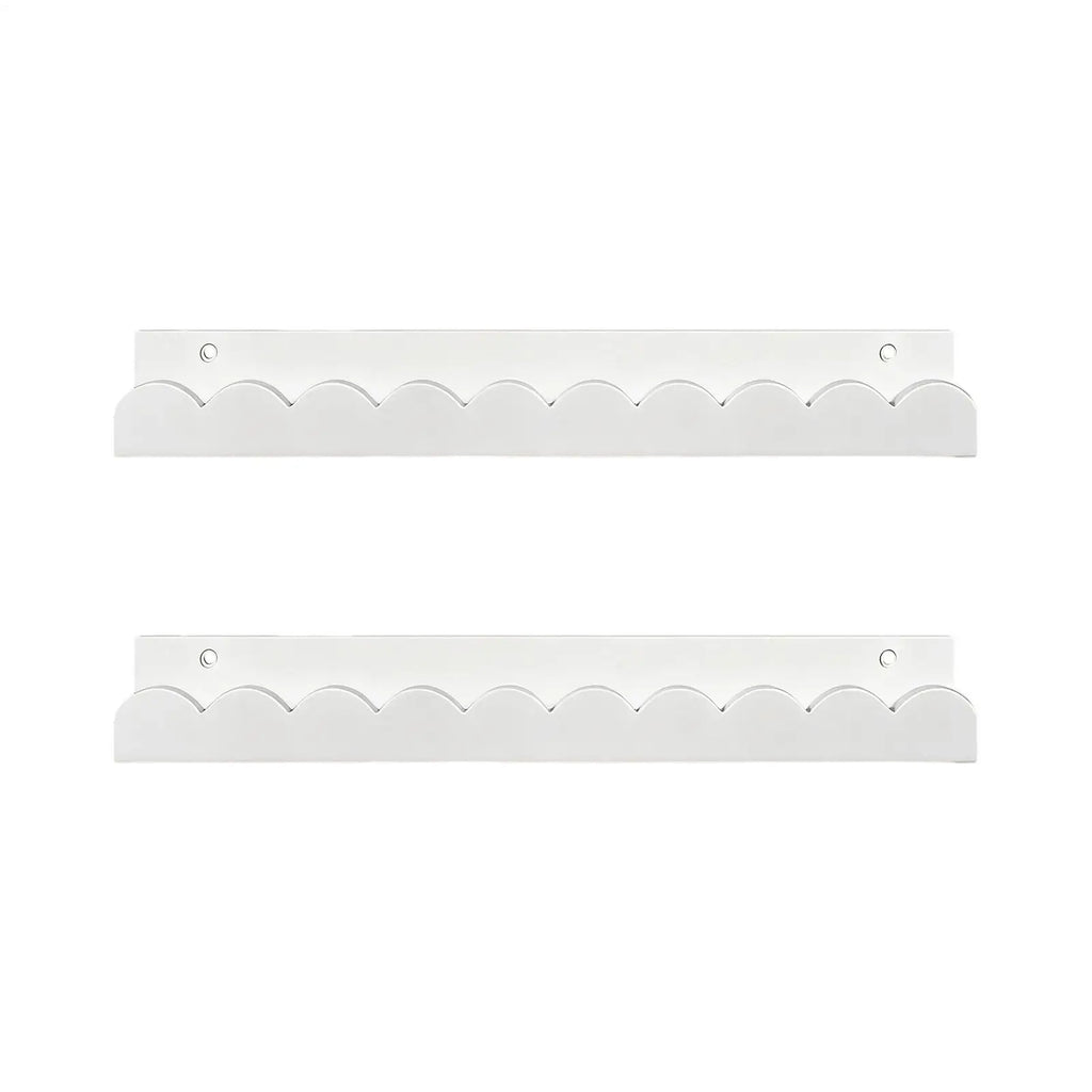Set of two white scalloped-edge wooden wall shelves shown empty on a white background