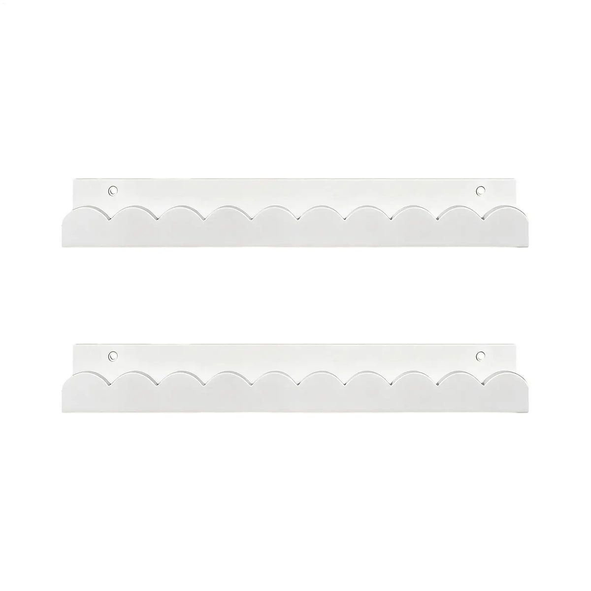Set of two white scalloped-edge wooden wall shelves shown empty on a white background