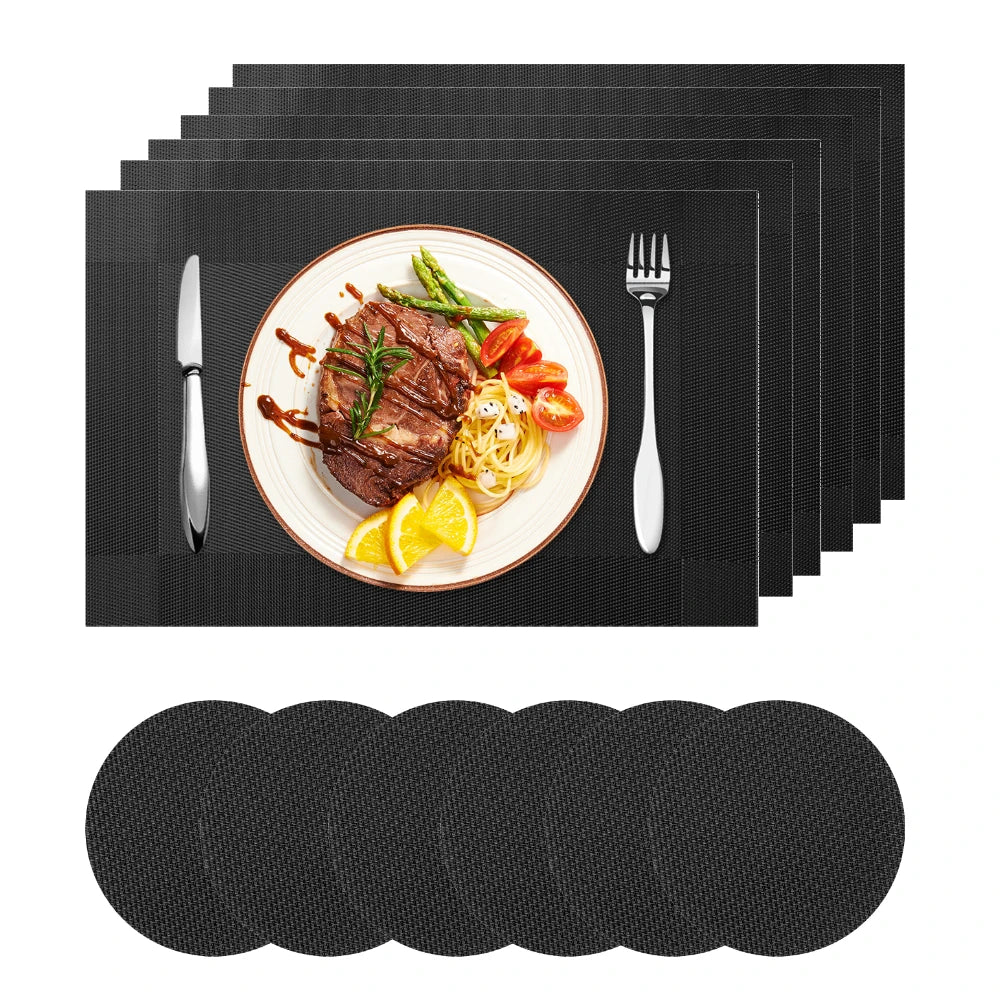 Set of 6 Woven Vinyl Placemats & Coasters for Dining Table Organization in Neutral Colors