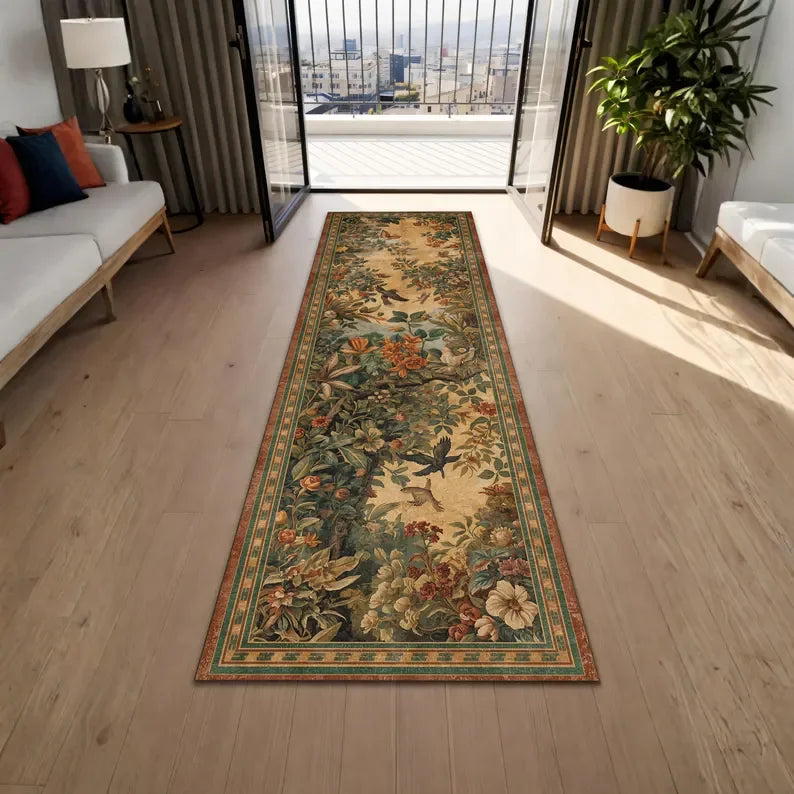 Botanical bird runner rug in a bright modern living room with open balcony doors