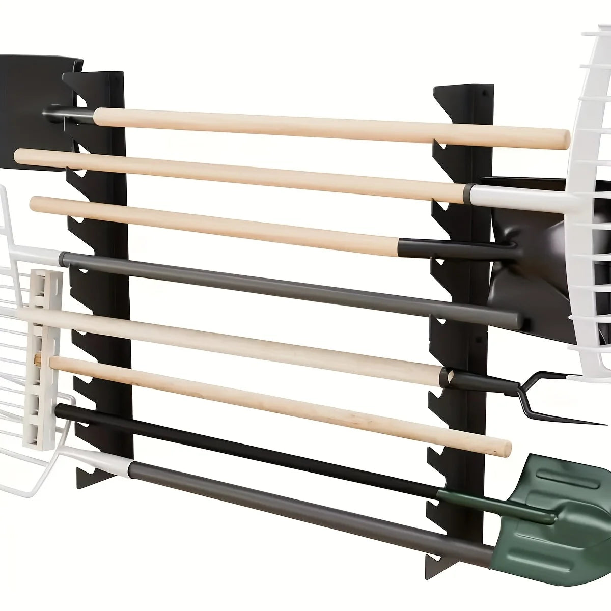 Iron wall-mounted tool rack holding shovels, rakes, and garden tools