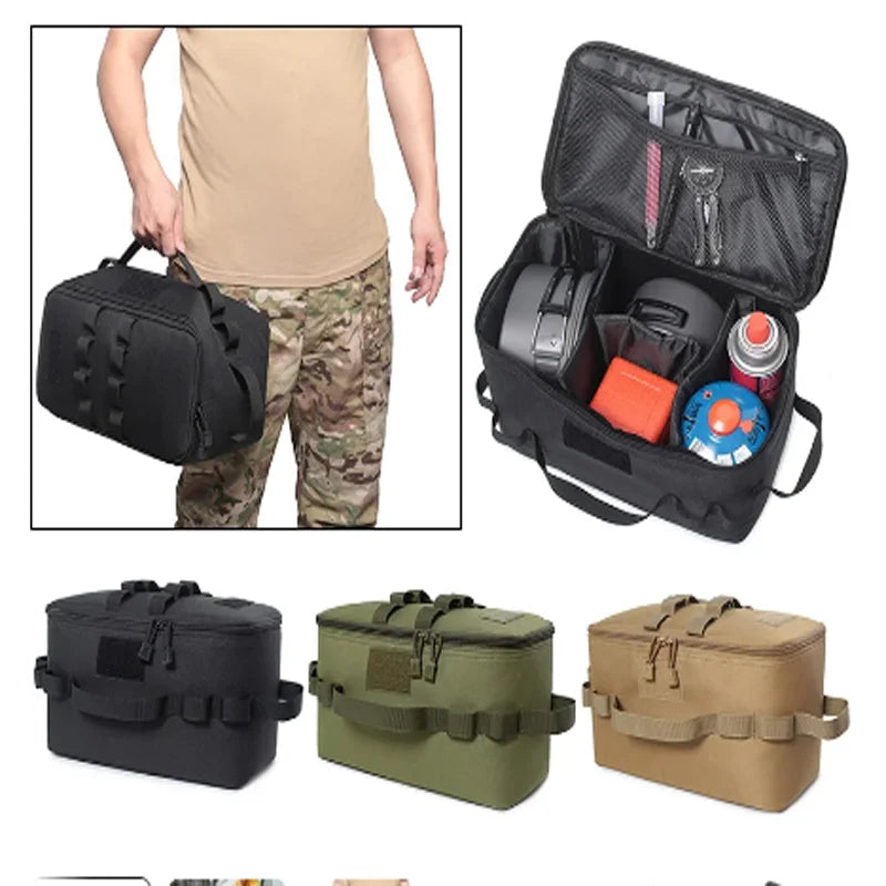 Three color options for outdoor gear organizer bag with adjustable dividers and handle