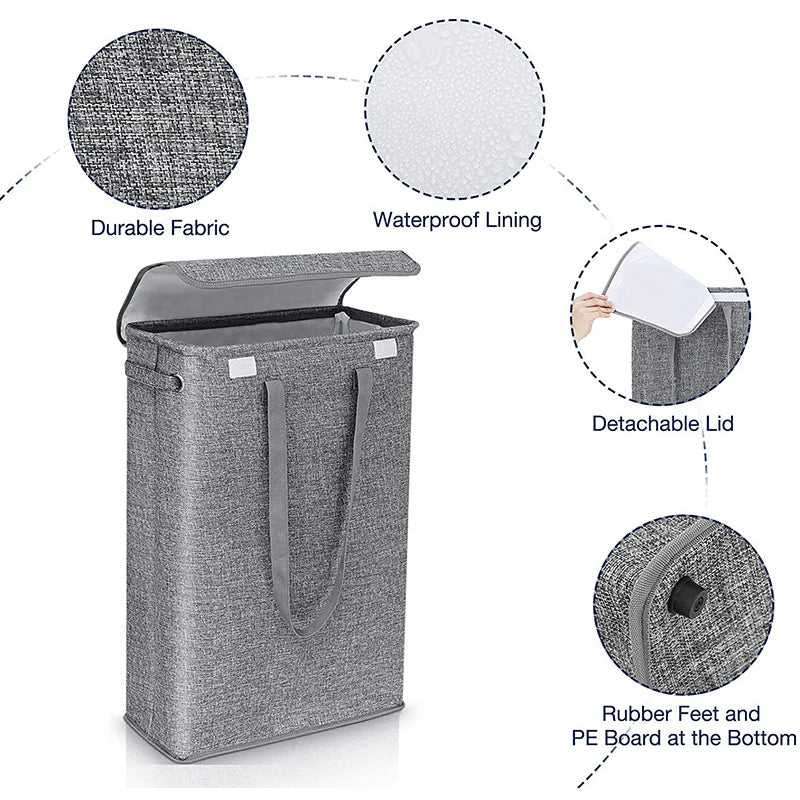 Grey slim laundry hamper illustrating details such as fabric, lining, removable lid, and rubber feet at the bottom