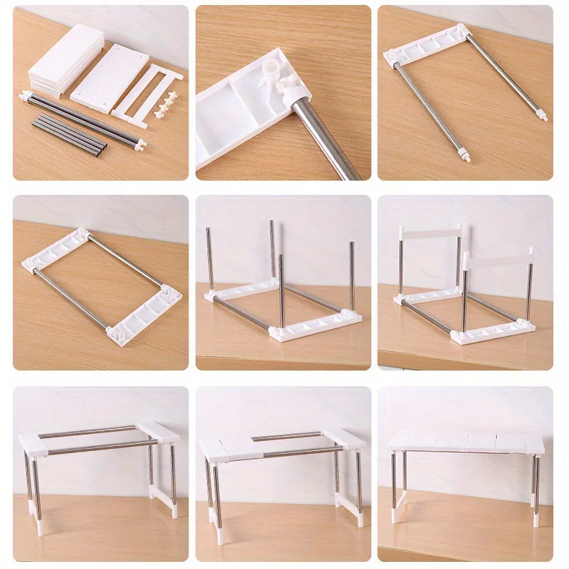 Expandable White Kitchen Counter Shelf Organizer – Adjustable Cabinet Storage for Pantry, Countertop & Small Appliances