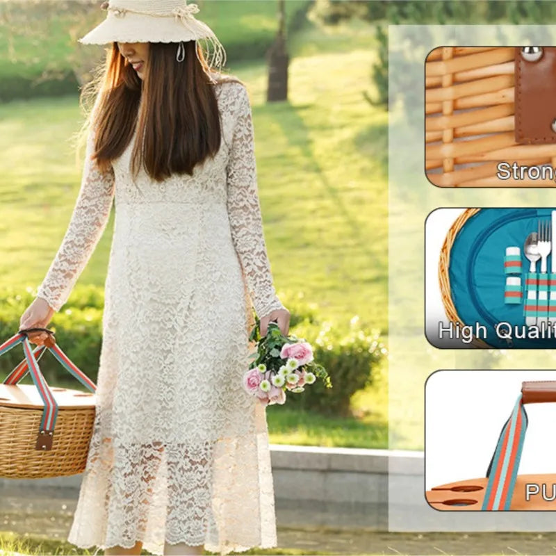 Person carrying a woven picnic basket with sturdy handles in a park setting