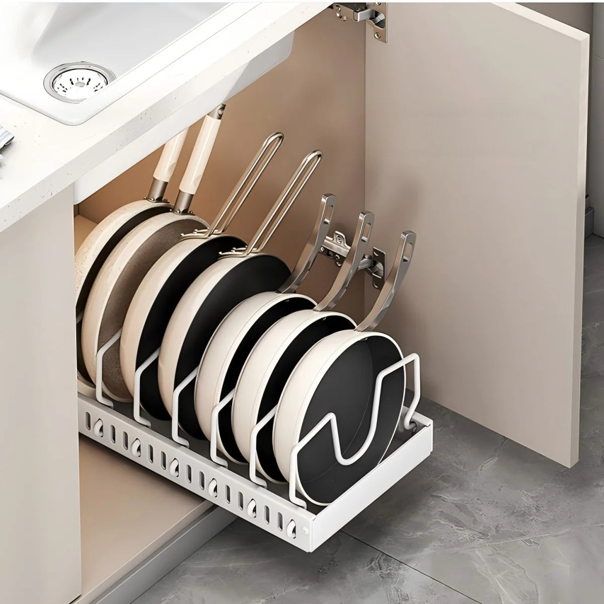 Pull-Out Adjustable Kitchen Drawer Organizer for Pots, Lids & Pans