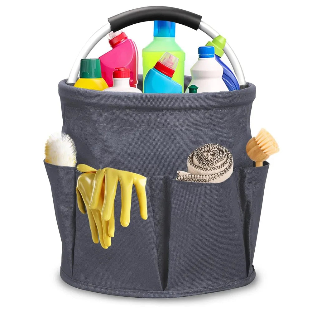 Foldable cleaning caddy with handle filled with bottles, gloves, and cleaning brushes