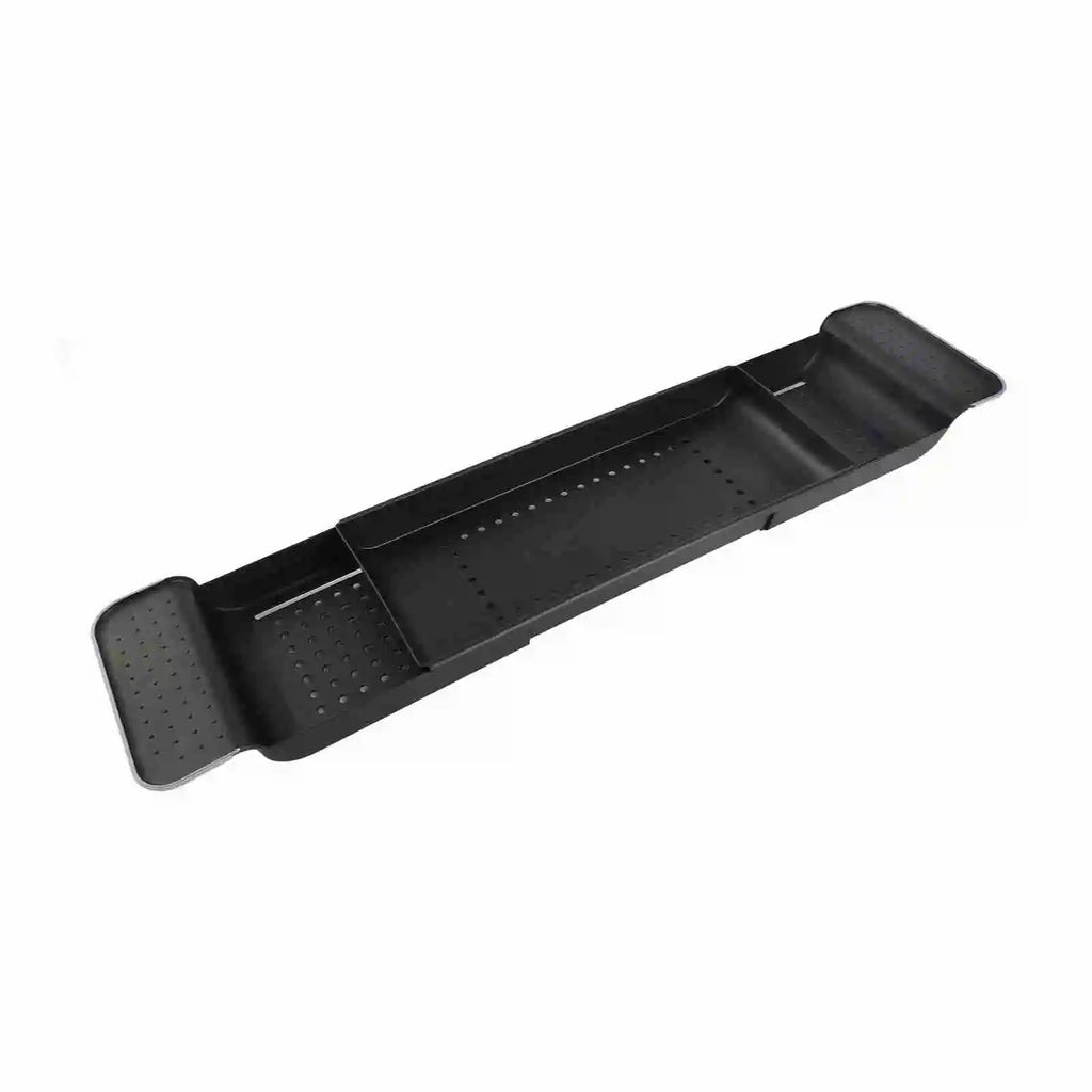 Fully extended black expandable plastic bathtub tray with draining holes for bathroom use