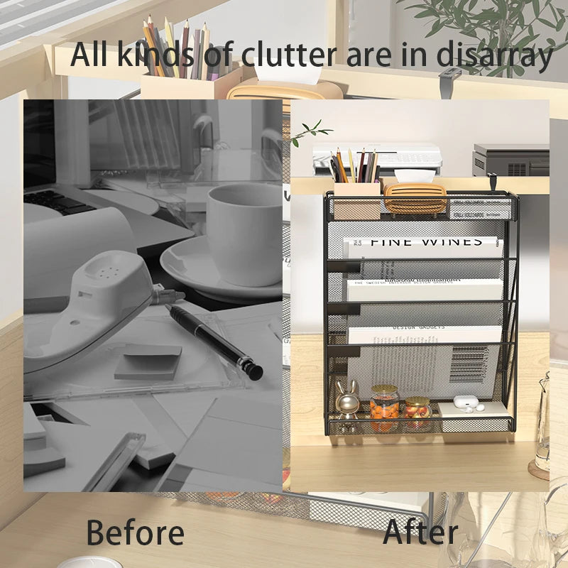 Before and after comparison showing a messy desk and a tidy desk using a mesh document organizer