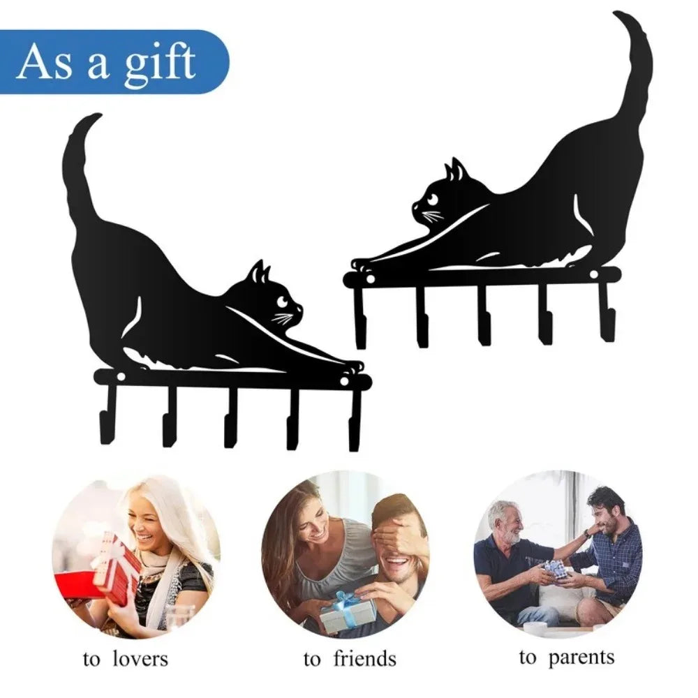 Stretching Cat Metal Wall Key Holder & Coat Rack