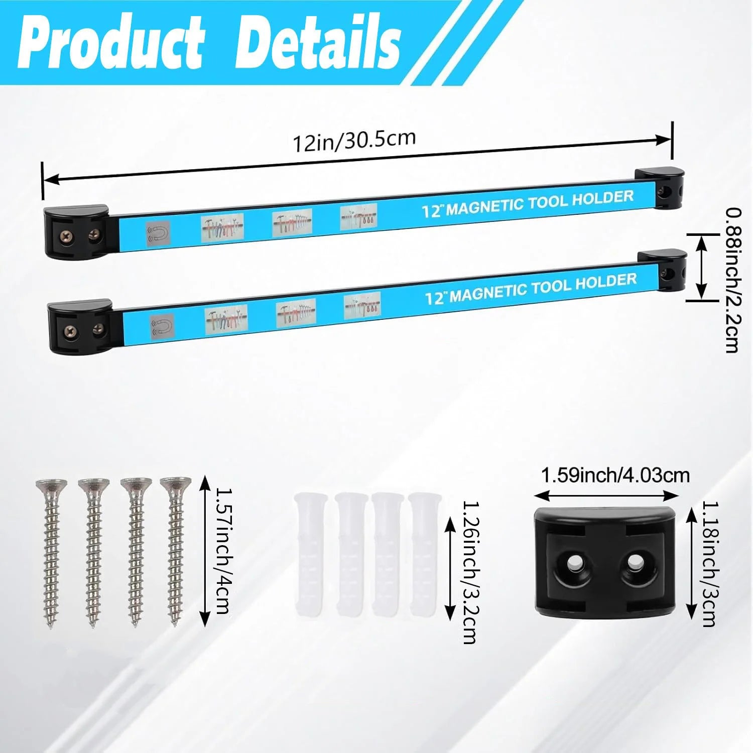 Magnetic tool holder strip with detailed dimensions and included screws and wall plugs for mounting