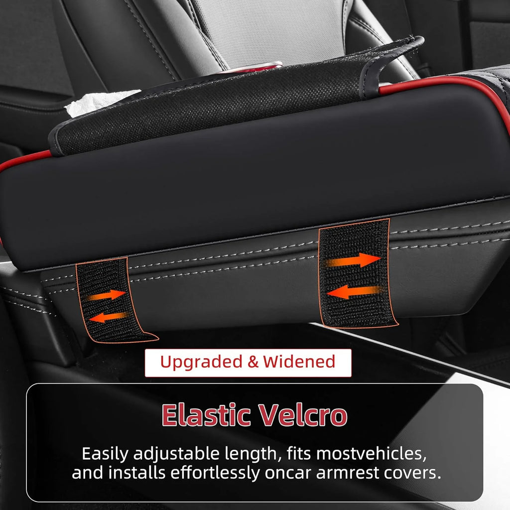 Close-up of adjustable velcro straps on car armrest organizer for secure installation
