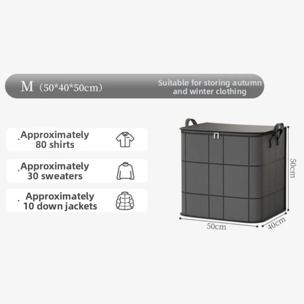 Sizing guide for the medium fabric storage bag showing it can store approximately 80 shirts, 30 sweaters, or 10 down jackets, with side dimensions labeled.