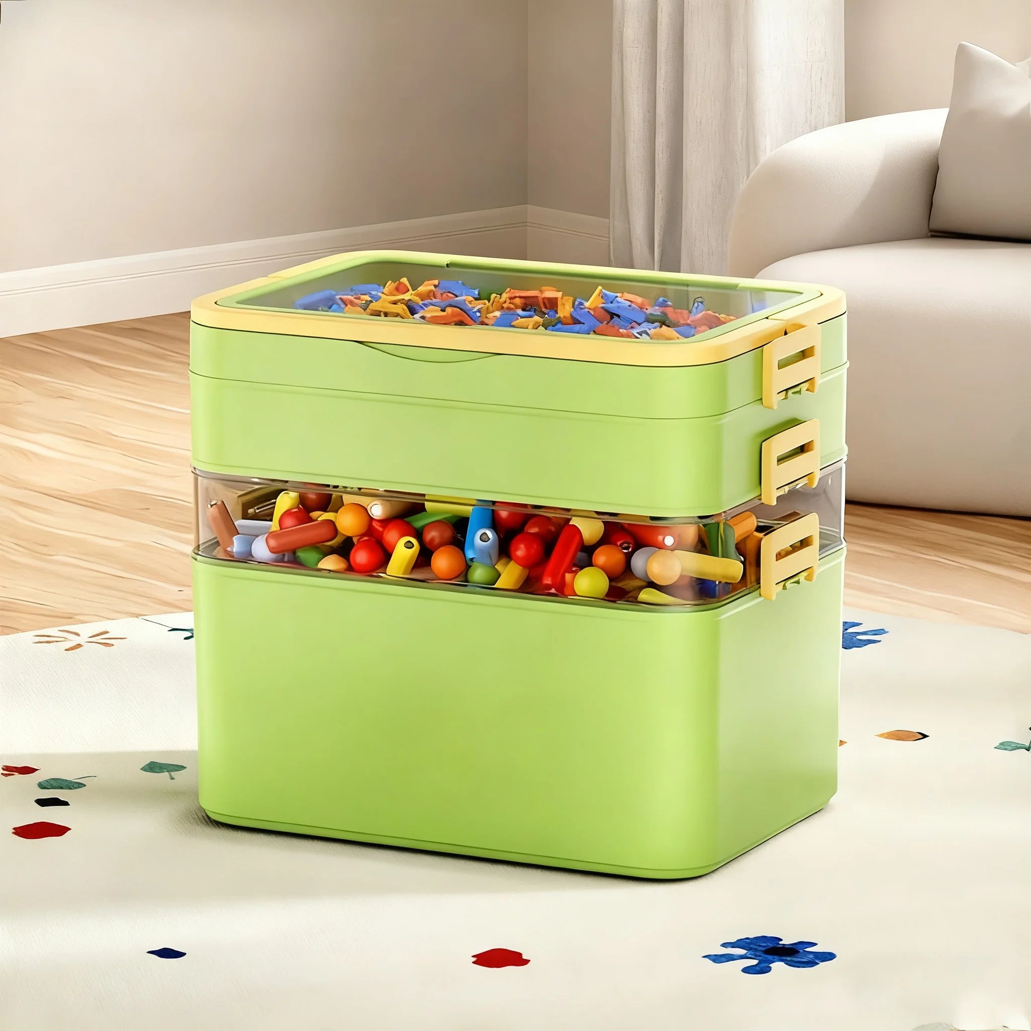 Two-layered green stackable storage box, filled with small toys, placed on a playroom rug