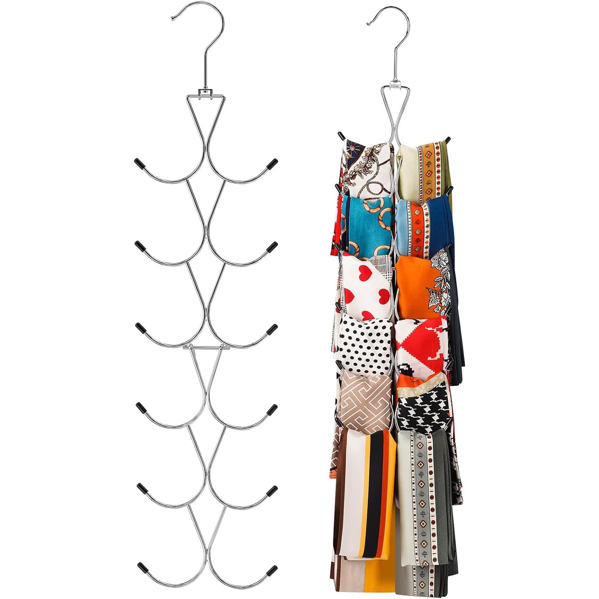6-tier metal scarf and accessory hanger, empty and in use with scarves