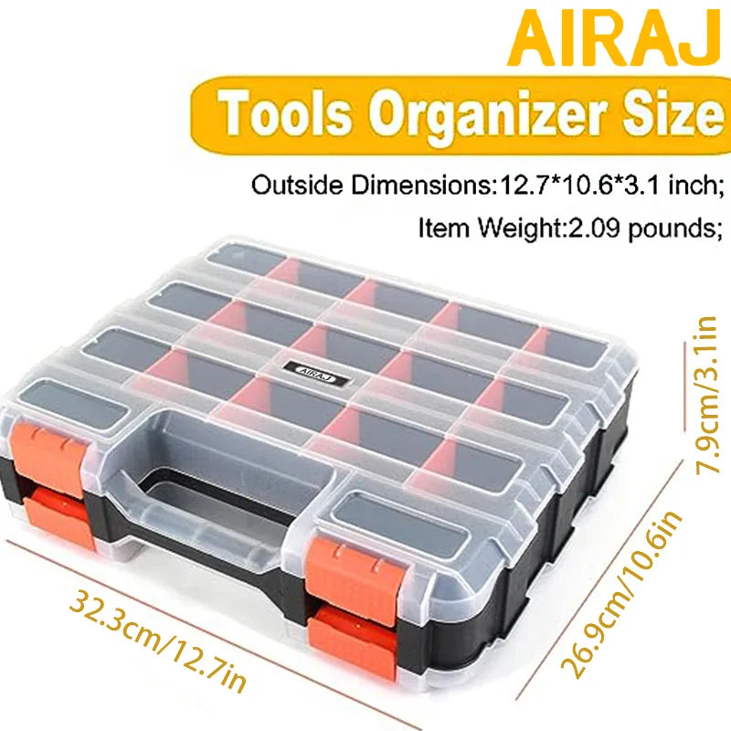 Small parts organizer with labeled outside dimensions in inches and centimeters