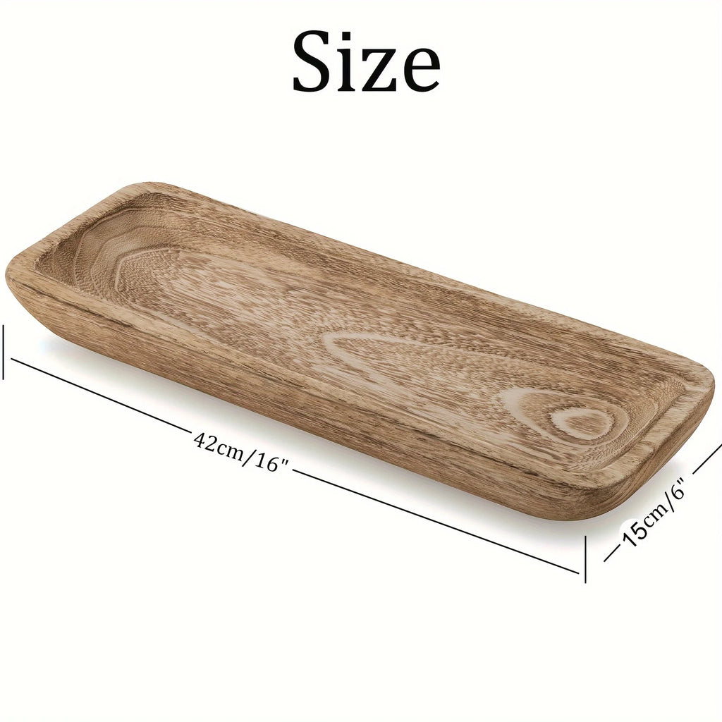 Natural wood rectangular tray with visible grain, marked 42cm by 15cm