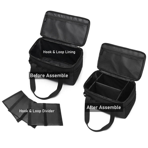 Comparison of organizer bag before and after assembling with removable hook-and-loop dividers