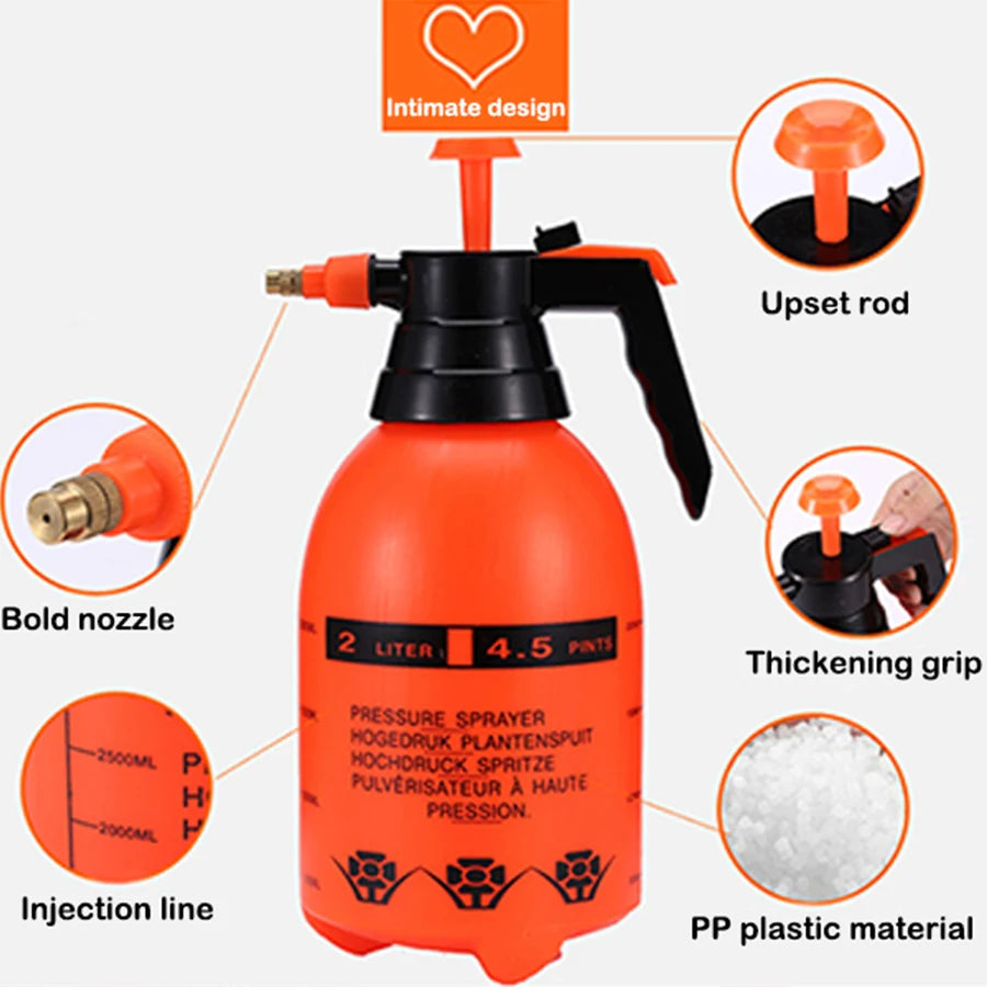 Diagram showing labeled features of the orange spray bottle, including adjustable nozzle and handle