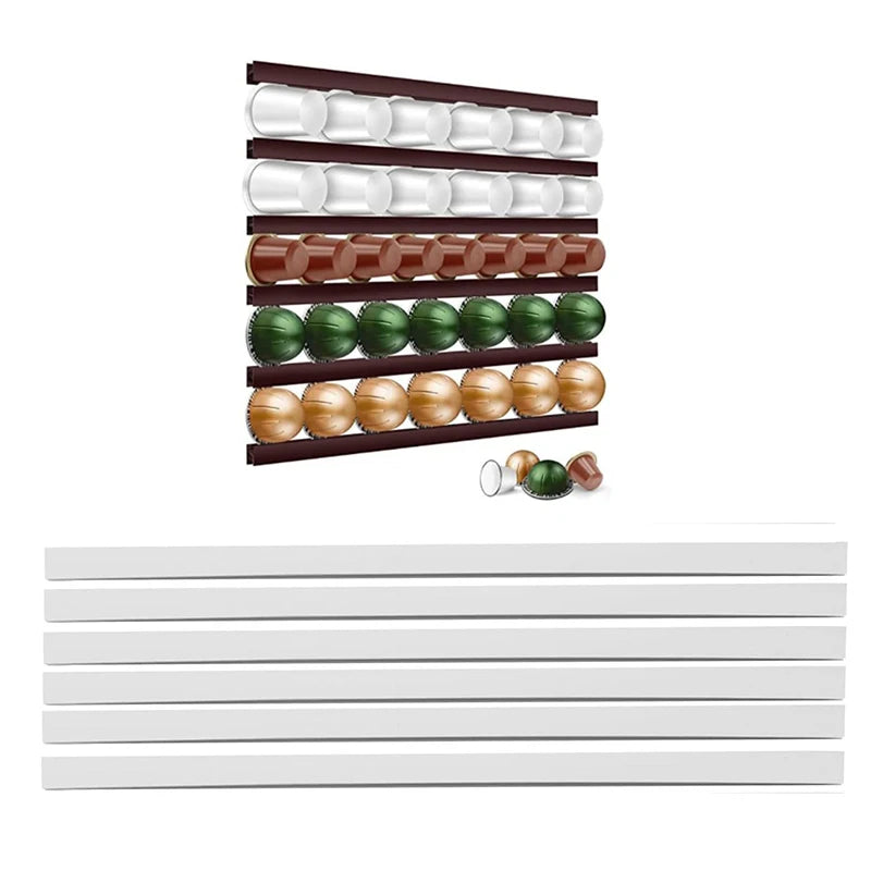 Slim Coffee Pod Holder Strips – Set of 6 Space-Saving Capsule Organizers for Kitchen Wall or Cabinet, Black or White