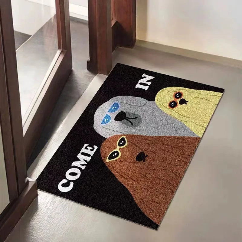 PVC doormat with three cartoon dogs in sunglasses at a doorway