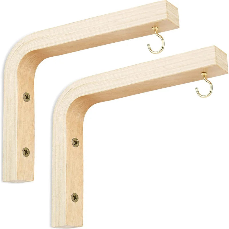 Set of two light wood L-shaped wall plant hooks with gold hooks