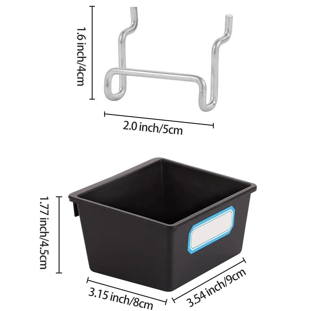 Pegboard Storage Bins with Hooks and Labels for Garage or Utility Walls