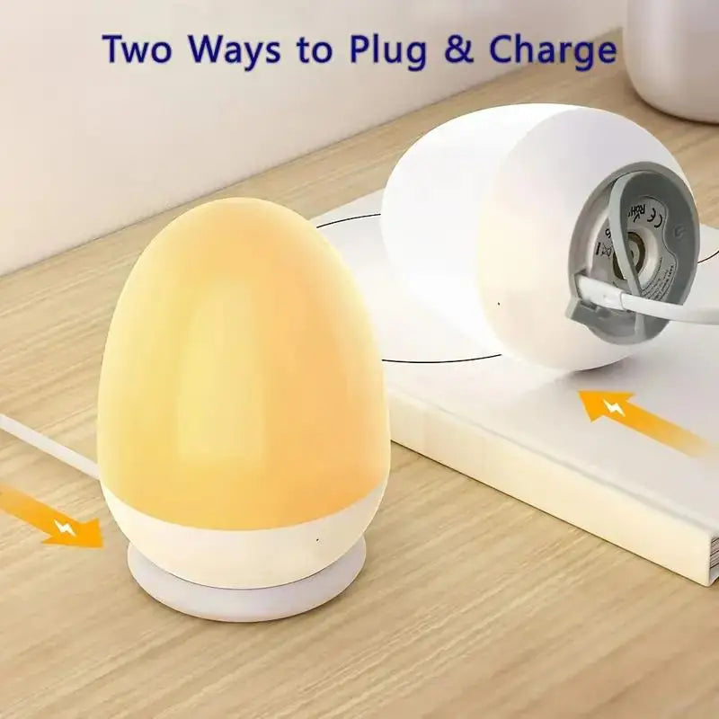 Egg-shaped night light showing two ways to recharge: plugged in and on a base