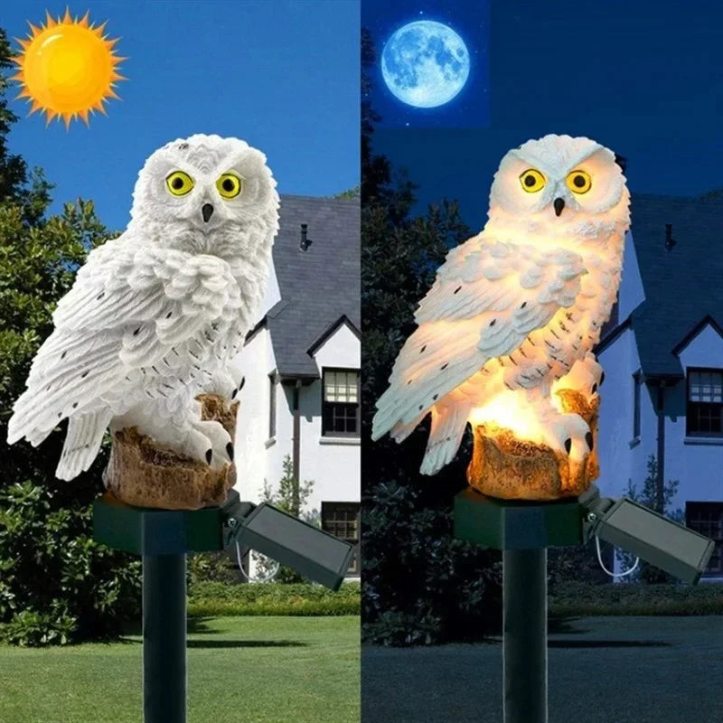 Owl solar garden light shown by day and illuminated at night outdoors
