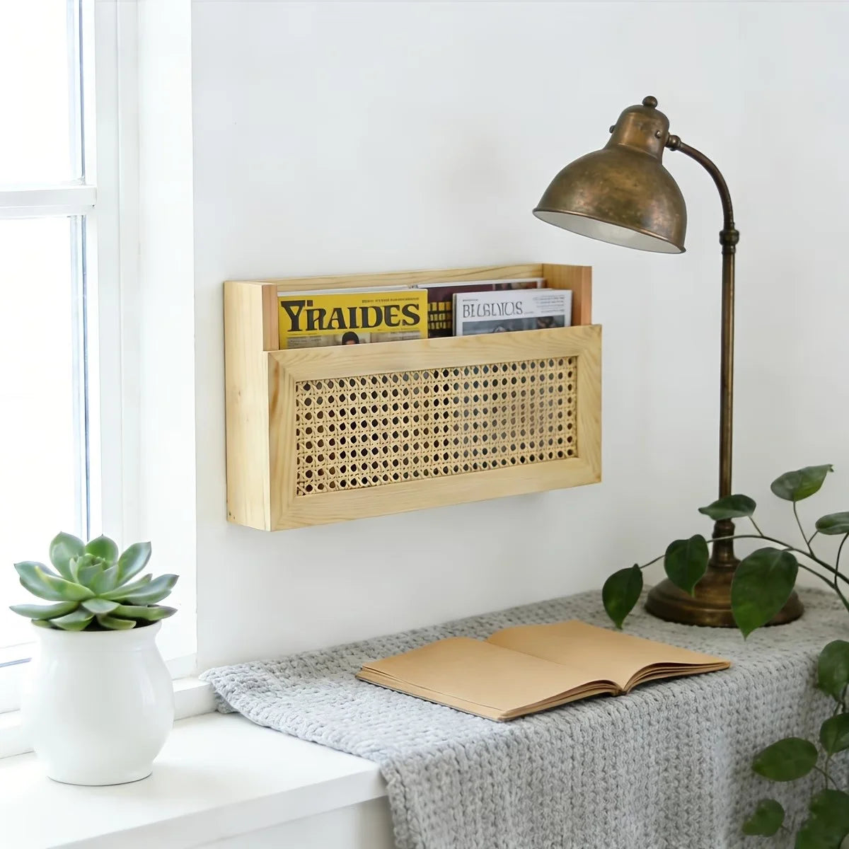 Willa Wall-Mounted Wooden Magazine & Storage Box with Woven Rattan Detail