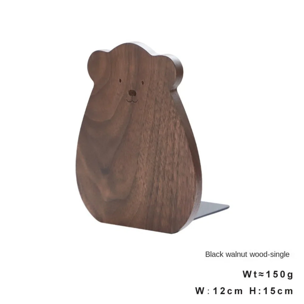Walnut wood bear bookend with metal base and measurements displayed