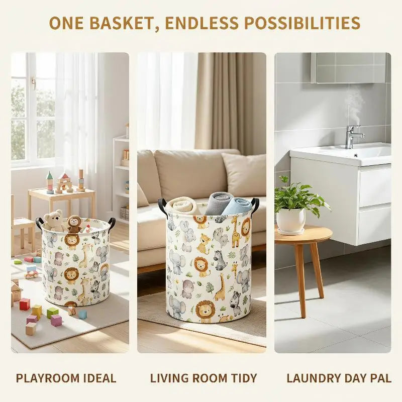 Foldable Animal Print Laundry Hamper with Double Handles – Waterproof Polyester Nursery & Kids Room Storage Basket