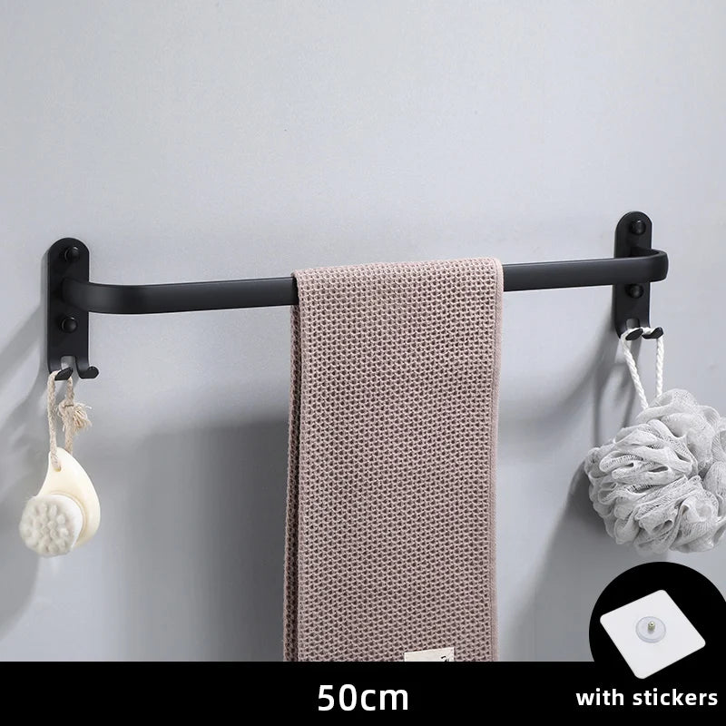 Matte Black Aluminum Wall-Mounted Towel Rack with Hooks for Bathroom Organization, 50cm, Single/Double/Triple Bar