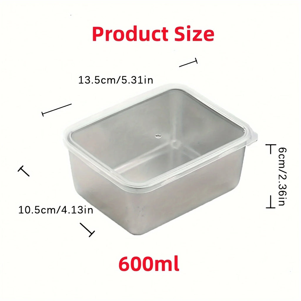 Rectangular stainless steel food container with clear lid and labeled dimensions