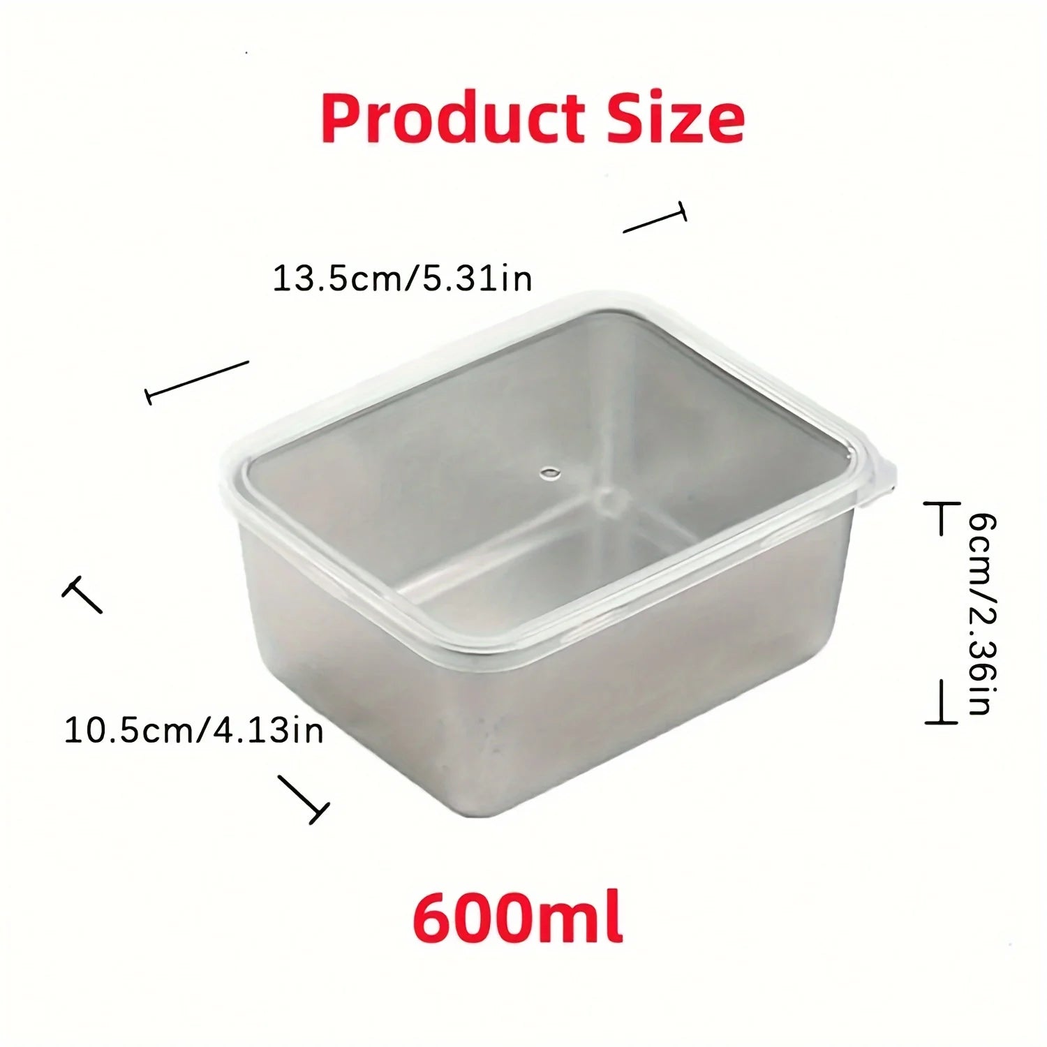 Rectangular stainless steel food container with clear lid and labeled dimensions