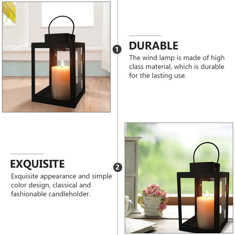 Black iron candle lantern placed by a window with feature callouts for durability and style