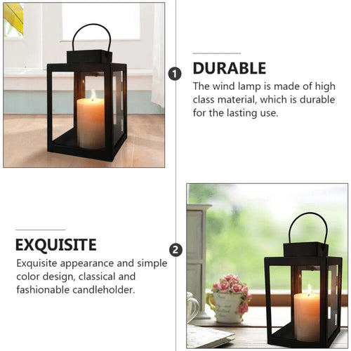 Close-up black iron lantern with callouts for durable and classic design features