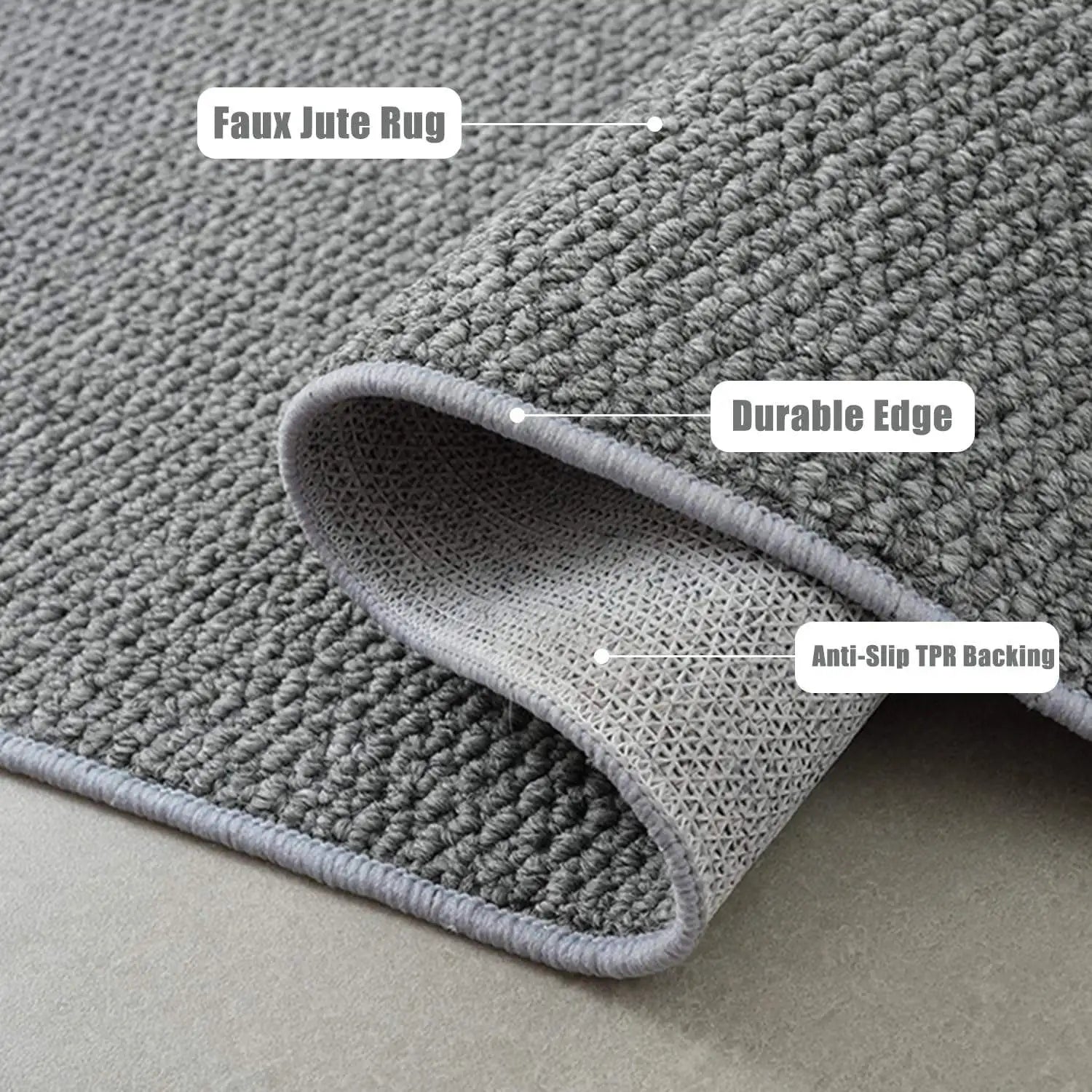 Closeup of gray textured mat showing faux jute look, durable edge, and anti-slip backing
