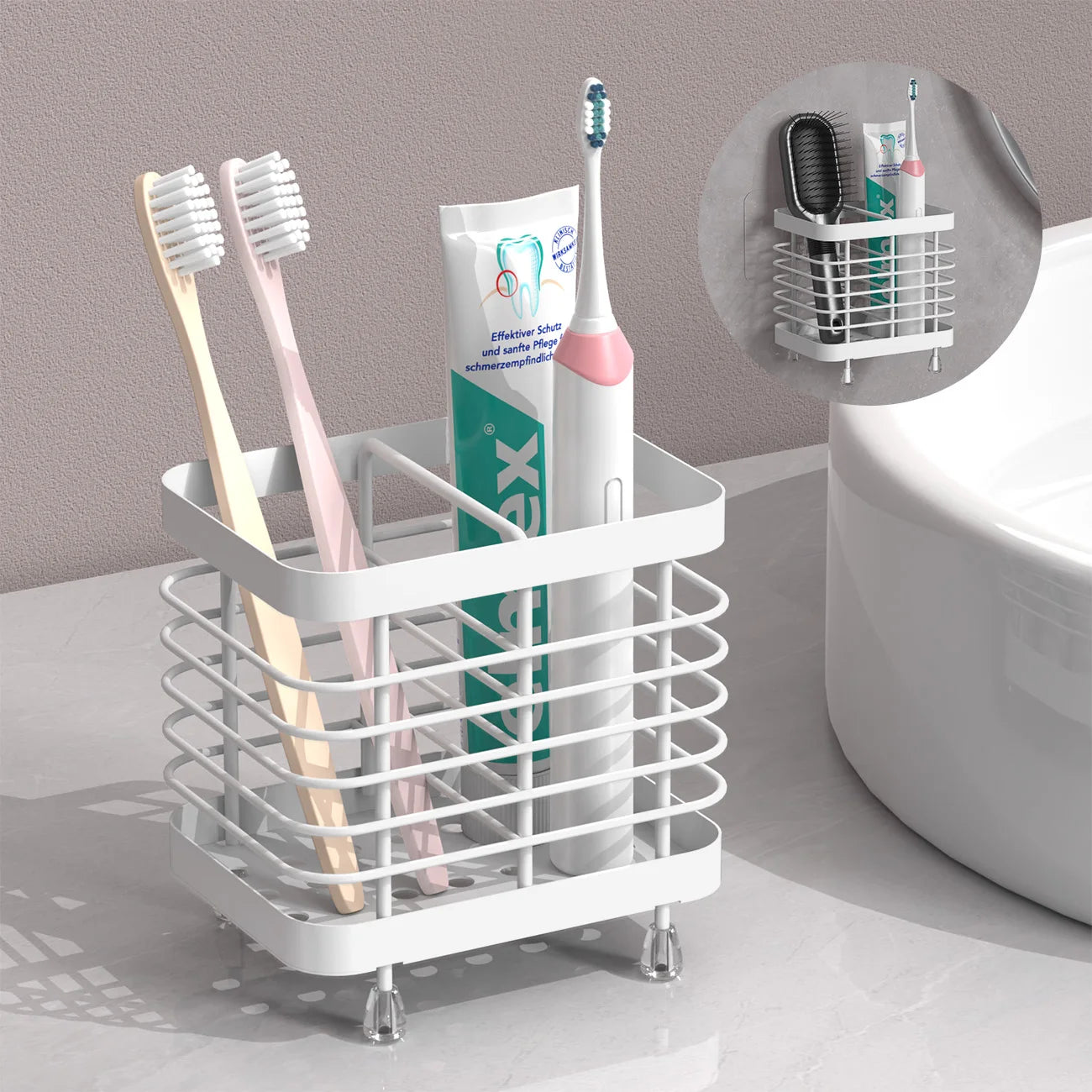 Stainless Steel Toothbrush Holder – Wall Mounted or Countertop Bathroom Organizer