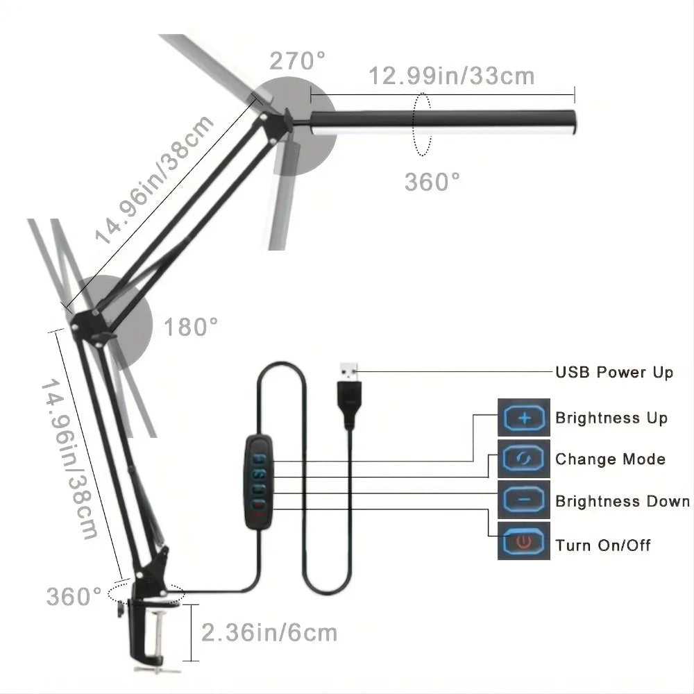 Adjustable Clamp LED Desk Lamp with Dimmable Light Modes