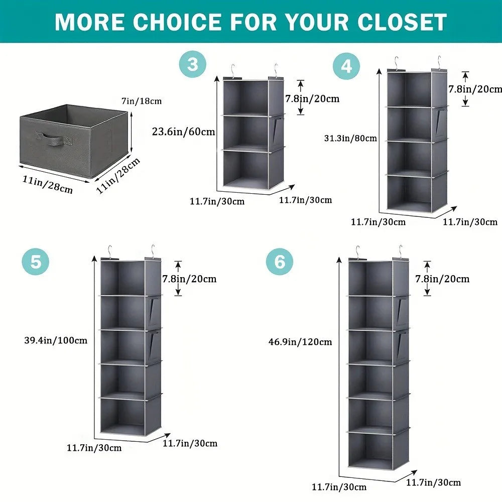 Product size diagram comparing storage options including 6-shelf hanging closet organizer and bins in light grey