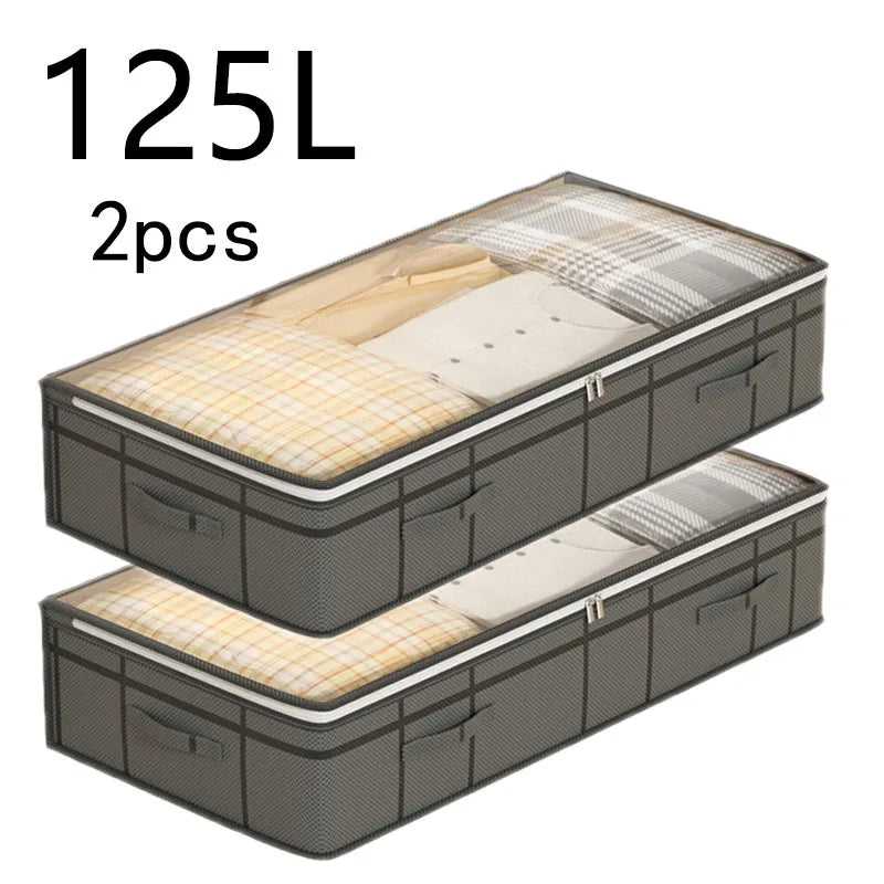 2-Pack Large Under-Bed Storage Bins with Clear Window Lids for Bedding & Seasonal Clothes (125L)