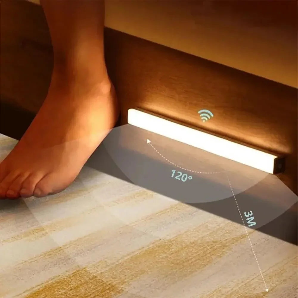 LED night light installed at base of bed, lighting the floor as person approaches