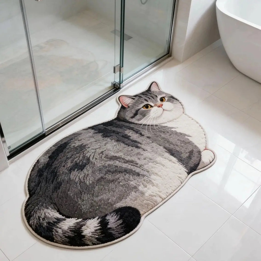 Tabby cat shaped bath mat with gray and white pattern in bathroom