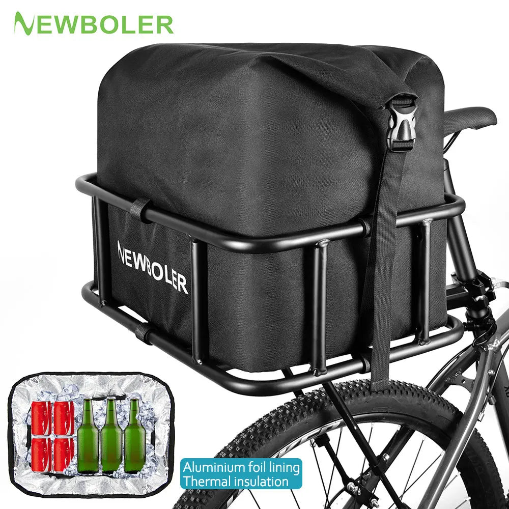 Folding rear bike basket with removable insulated black bag and buckle attached to a bike rack